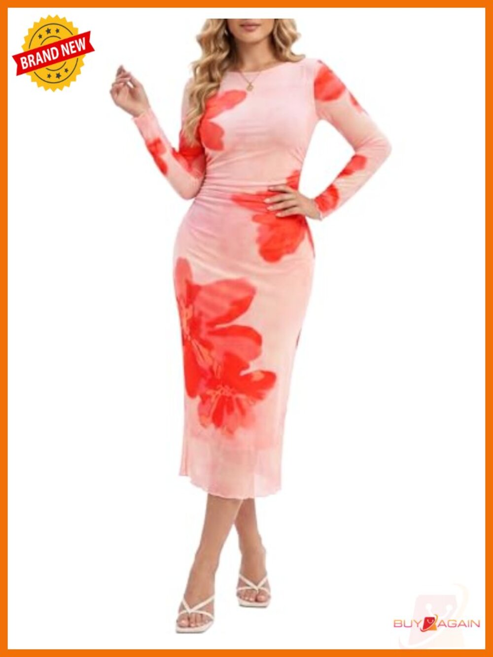 Women Floral Mesh Long Sleeve Ruched Bodycon Maxi Dress Formal